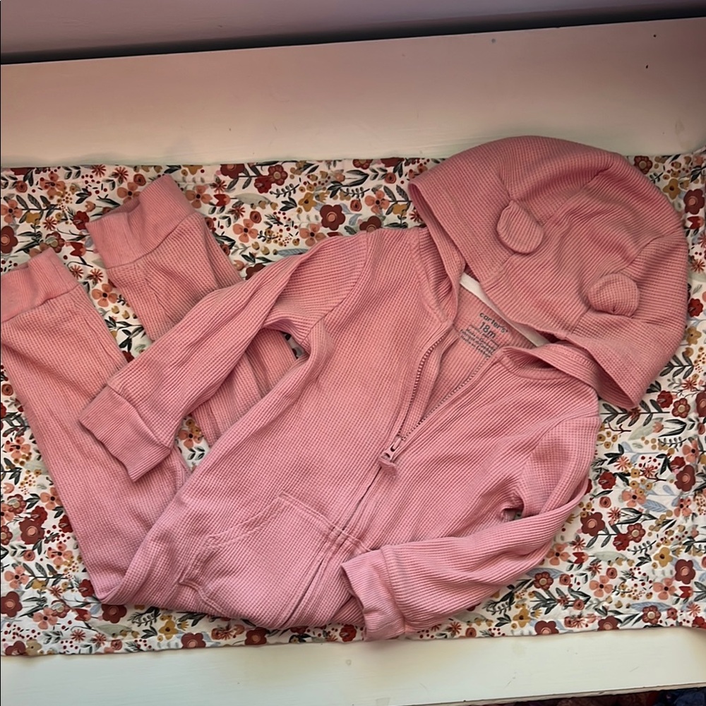 Waffle Print Pink Hooded Baby Onesie